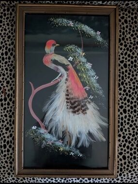 Large Vintage Real Bird Feathers Painting! Original! Intricately Hand Layered!